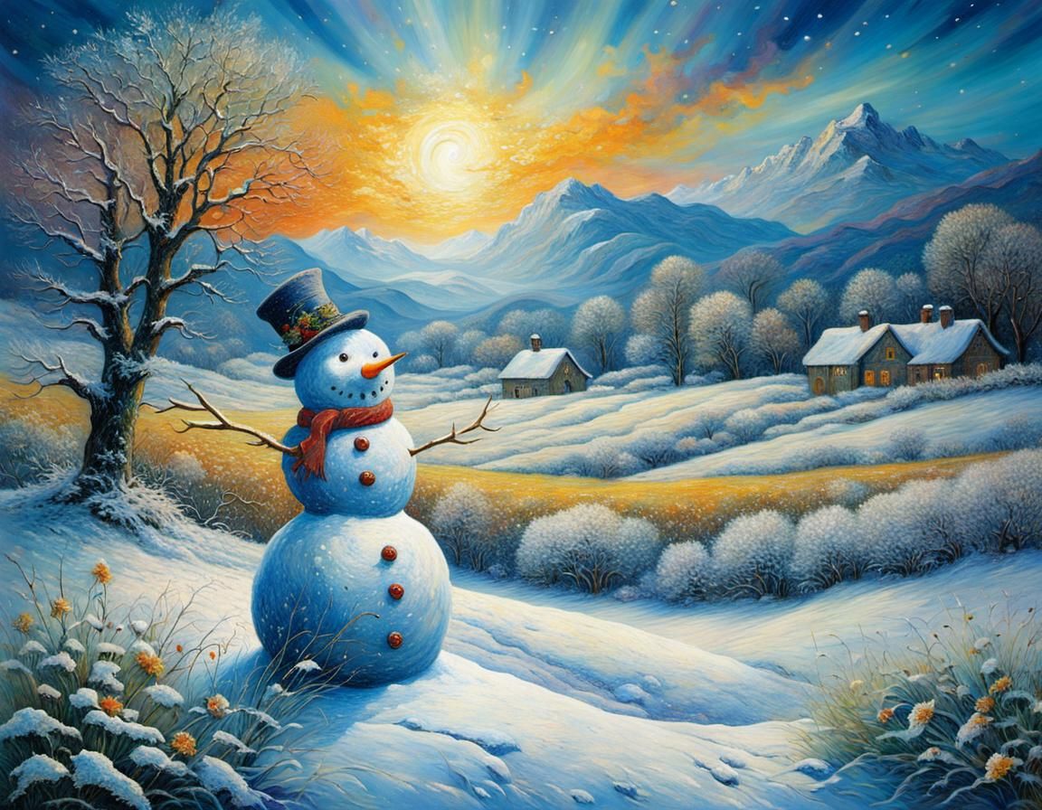 Ethereal Snowman in Serene Winter Wonderland