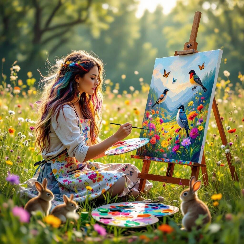 Artist Painting Nature in Sunlit Meadow