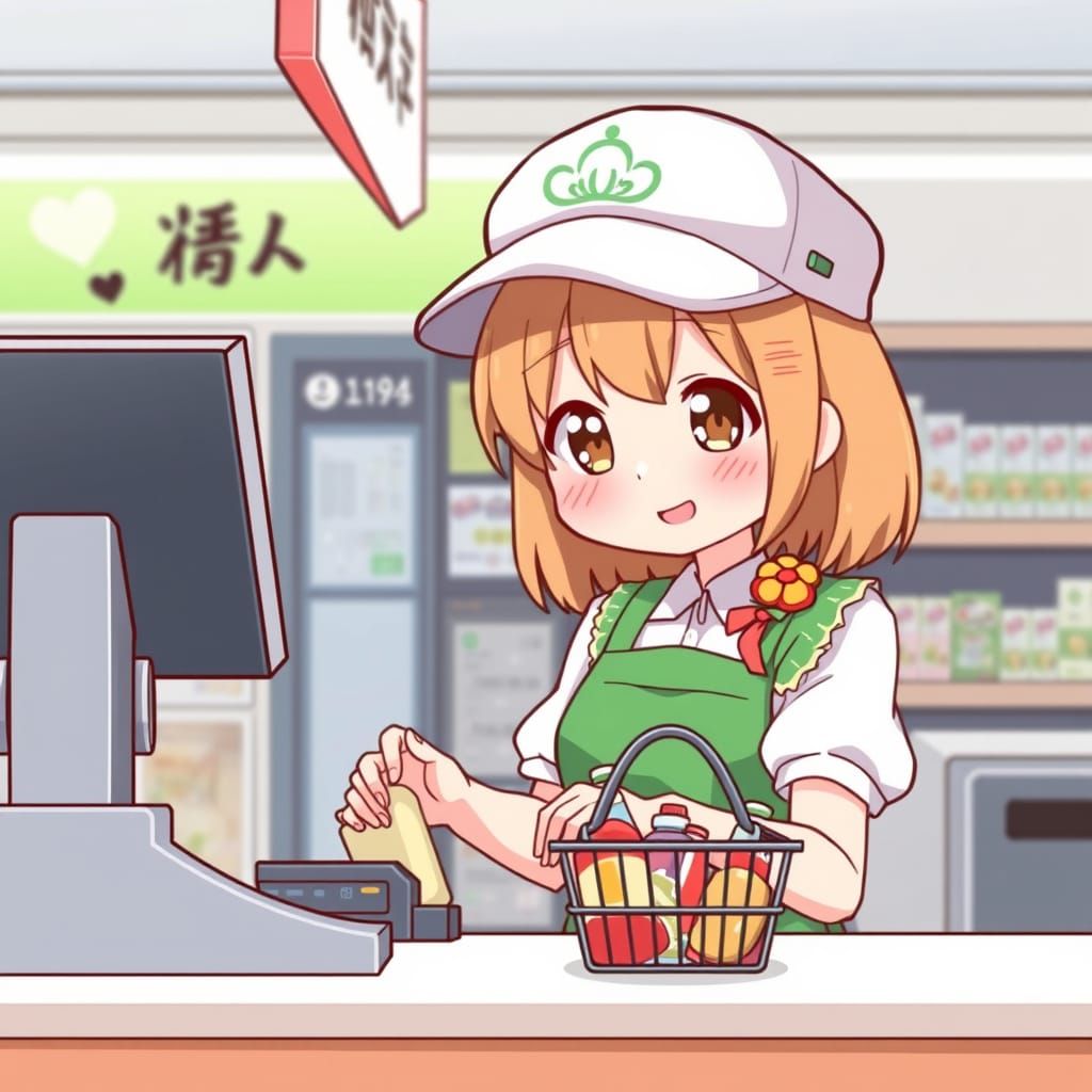 Kawaii Konbini Shop Girl Scans Purchase with a Smile