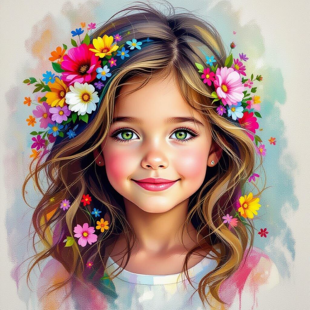 Chalk Art Portrait: Girl with Flower Hair in Dreamy Atmosphe...