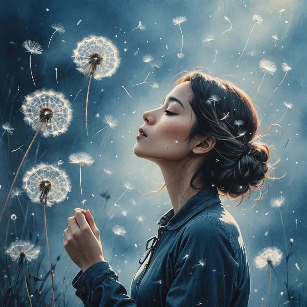Girl with Dandelion Seeds in Cyanotype Style