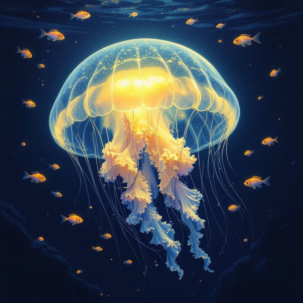 Bioluminescent Jellyfish in Dark Ocean Depths