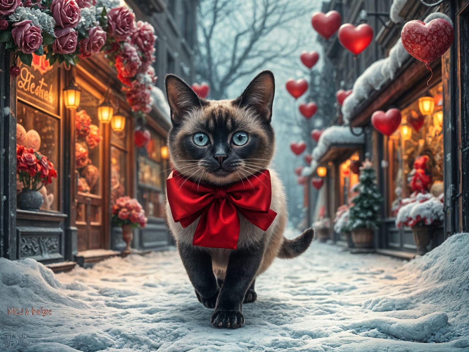 Whimsical Siamese Cat in Valentine's Day Wonderland