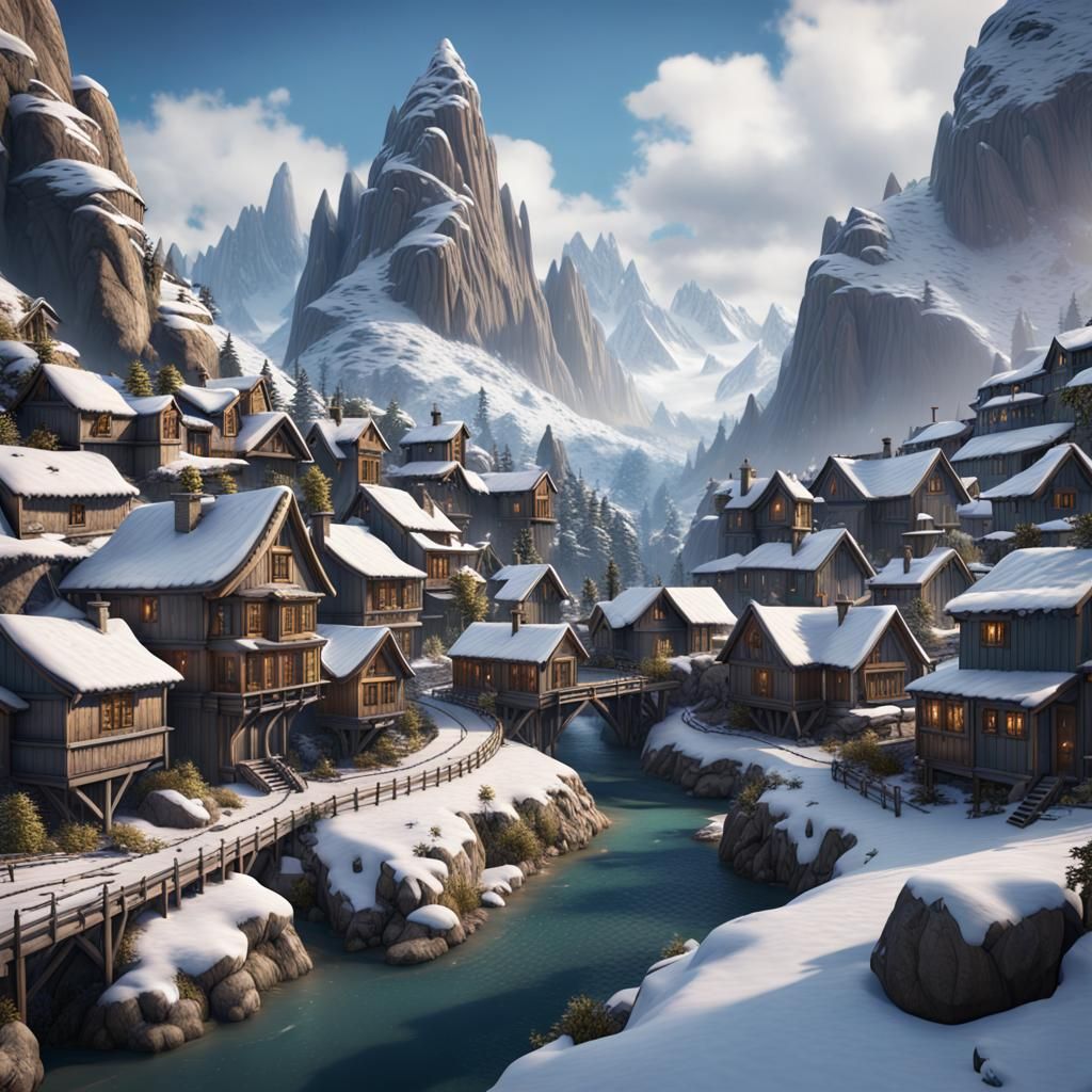 Snowy Oceania Village: A Detailed Matte Painting