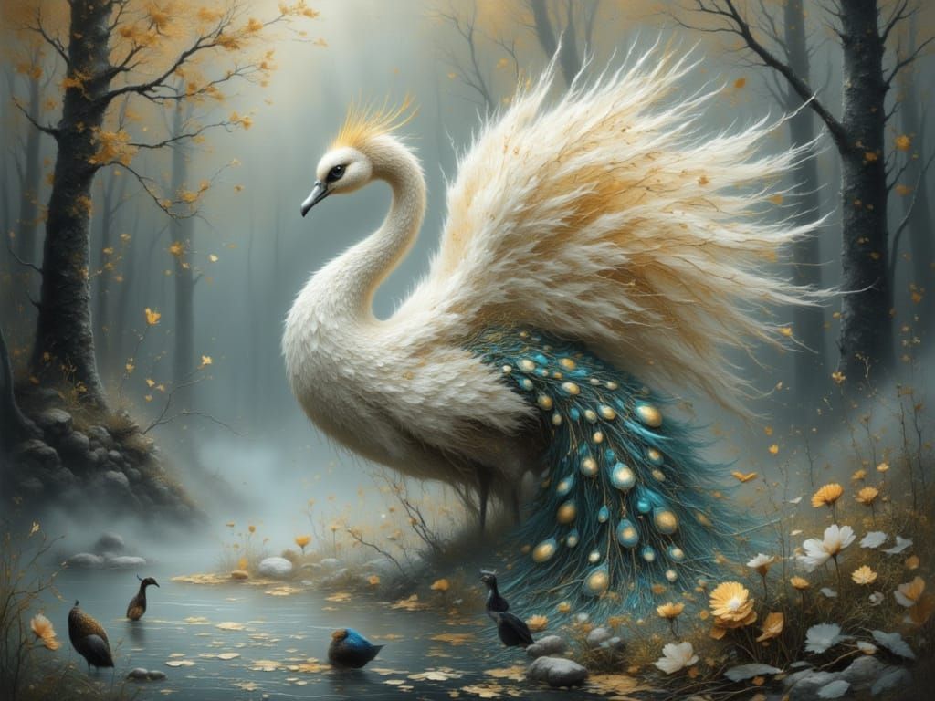 Swan Peacock Hybrid by Misty Lake in Golden Light