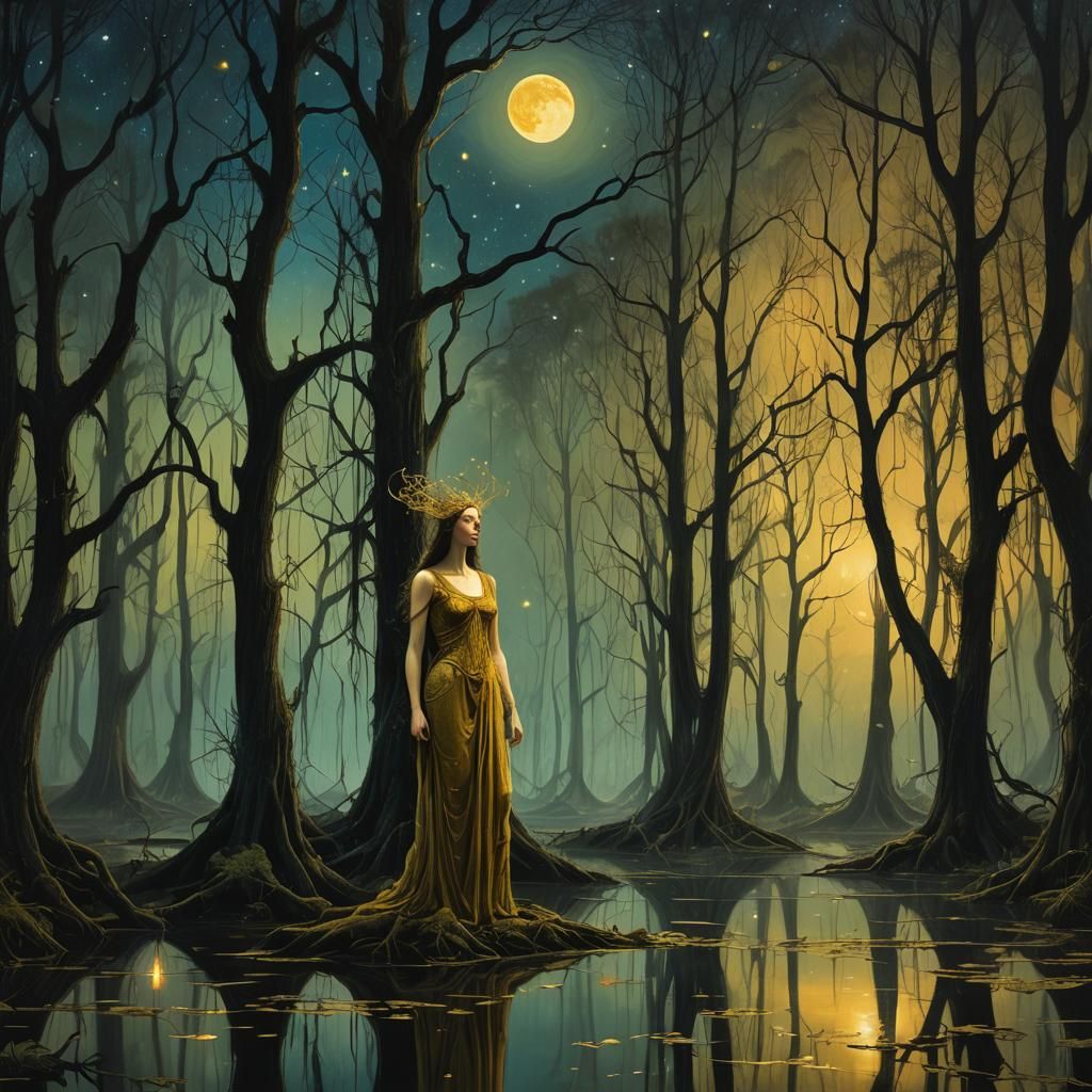 Artemis in Mystical Forest: Dark Surrealism