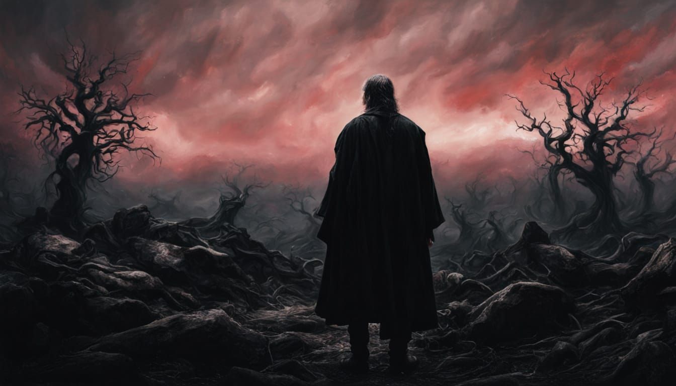 Ethereal Figure Against a Crimson Sky