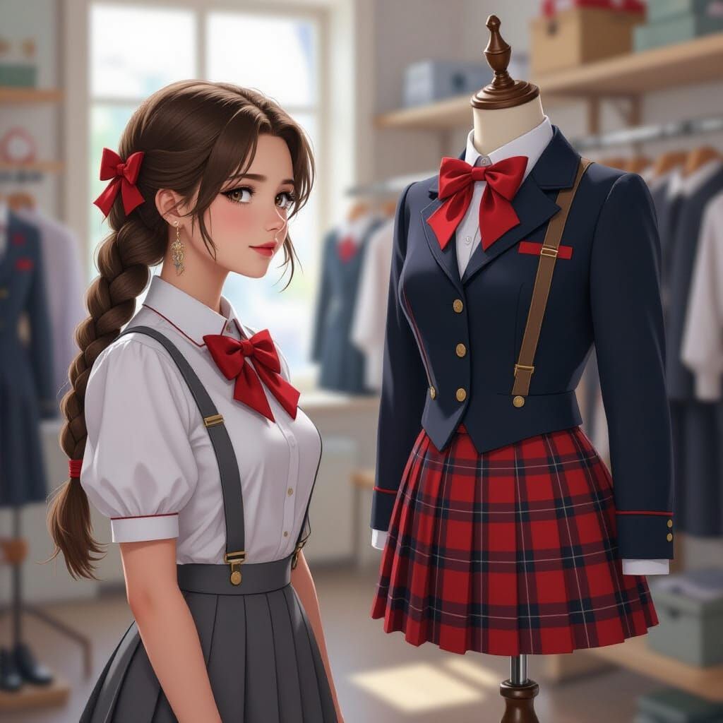 Woman Gazing at School Uniform in Art Nouveau Style
