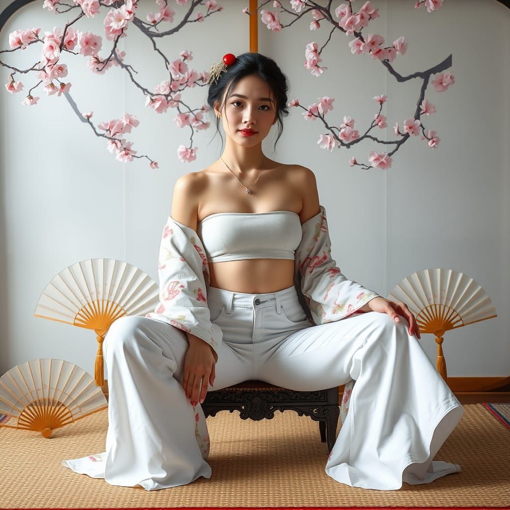 Geisha in White Jeans Amid Cherry Blossoms
