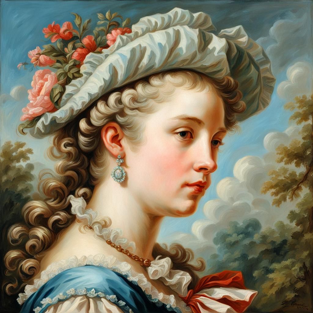 Elegant Portrait of a French Girl in Rococo Style