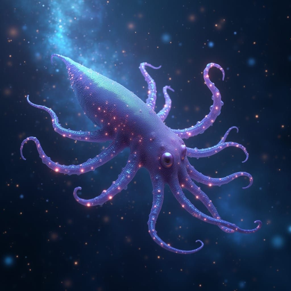 Bioluminescent Alien Squid in Nebula, Cosmic Art