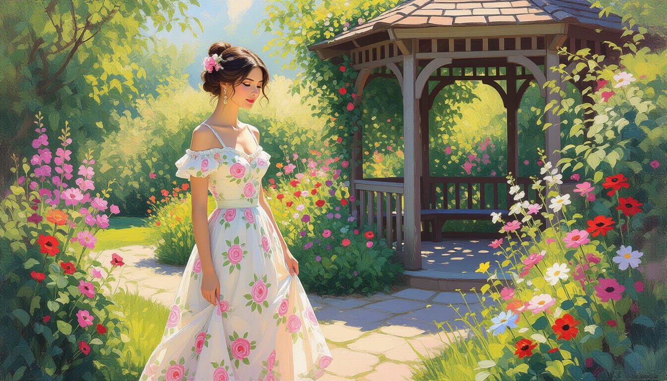 Woman in Summer Garden Gazebo, Impressionist Style
