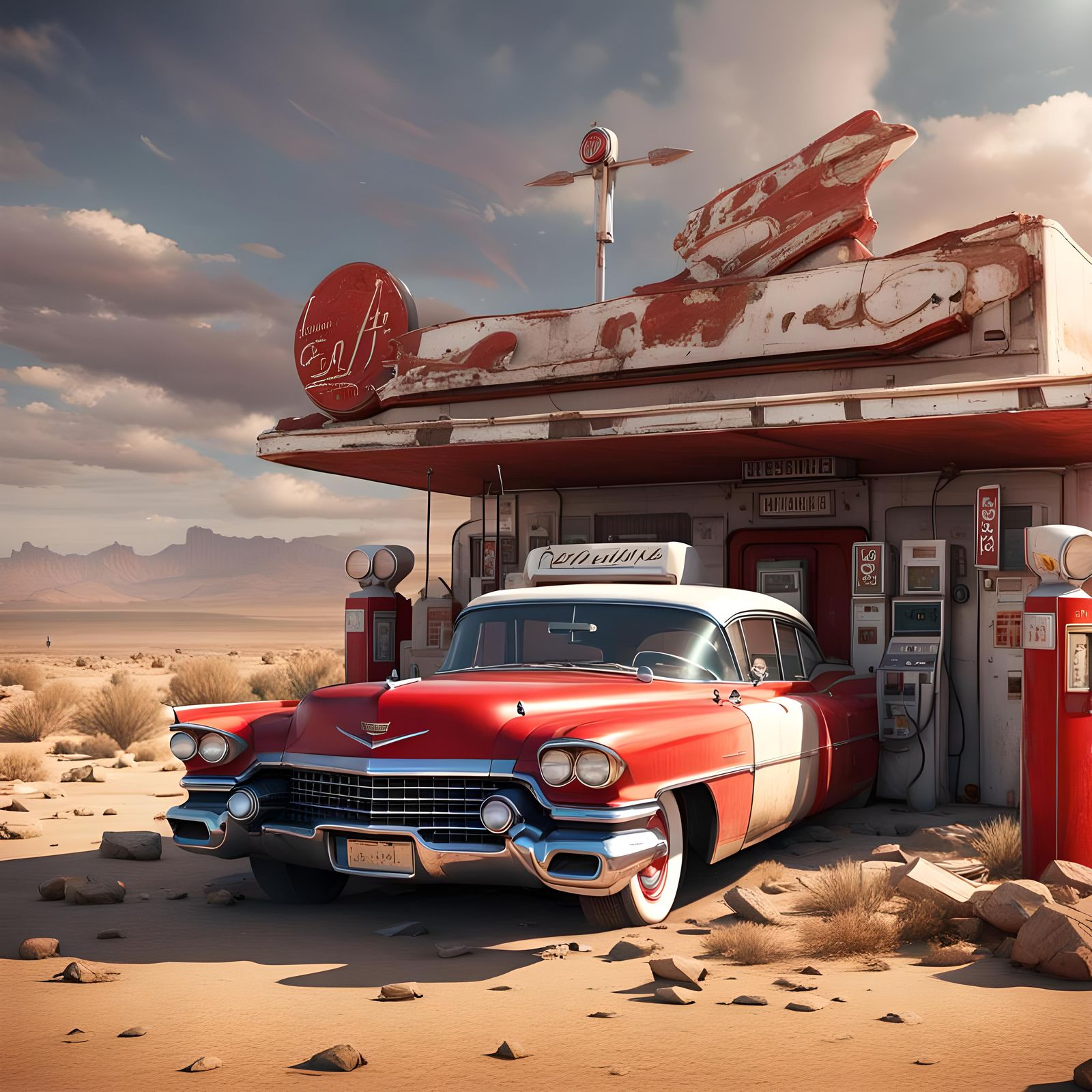 Abandoned Cadillac at Desert Gas Station in 3D