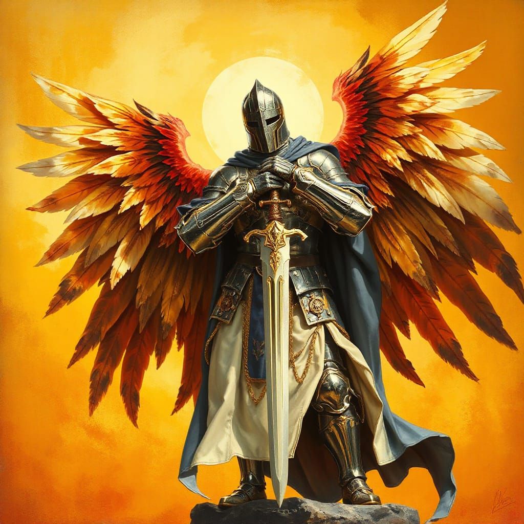 Majestic Winged Knight in Gouache Style