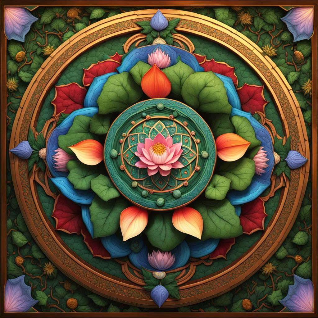 Colorful Lotus Mandala with Art Nouveau Border