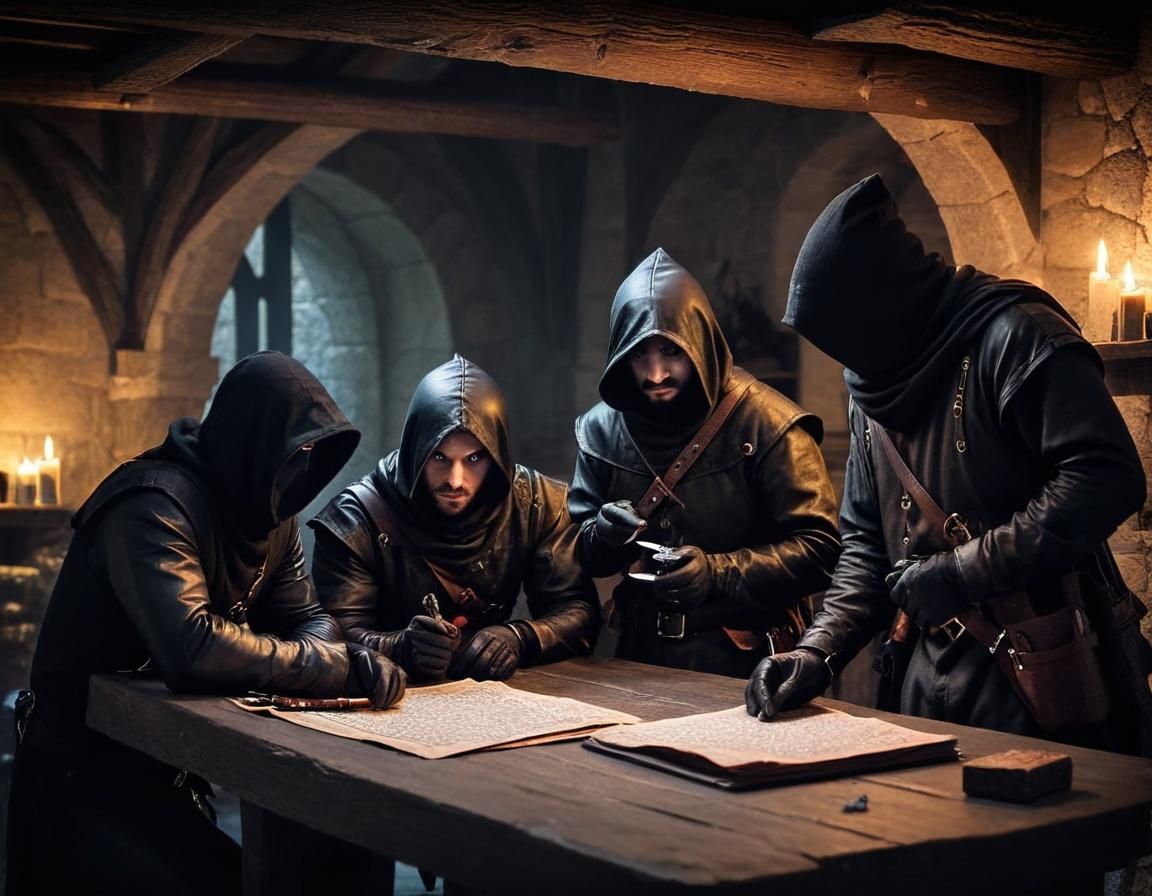 Medieval Thieves Plotting Heist in Dark Lair