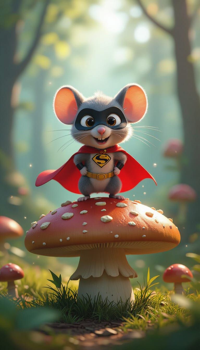 Superhero Mouse on Mushroom in Whimsical Forest