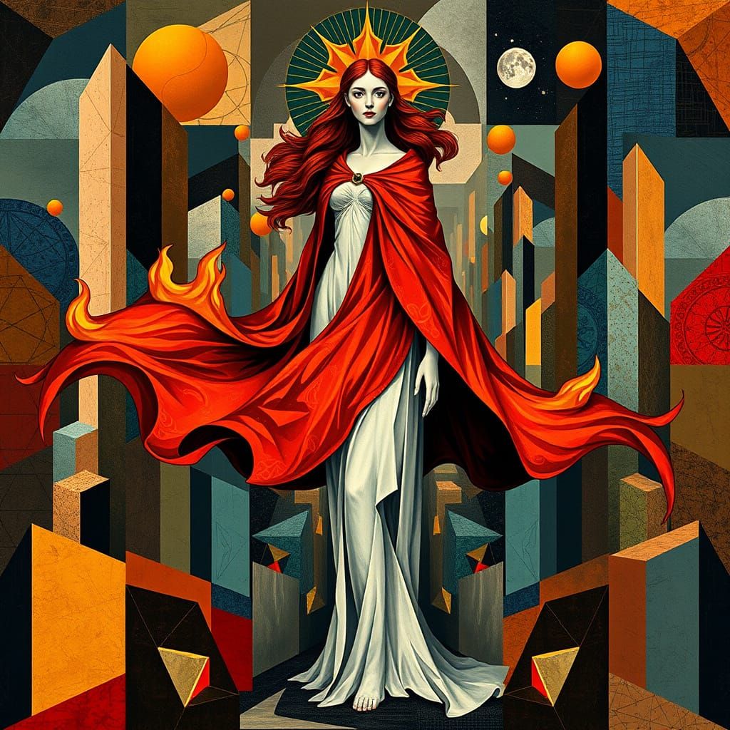 Abstract Fire Goddess in Geometric Cubist Style