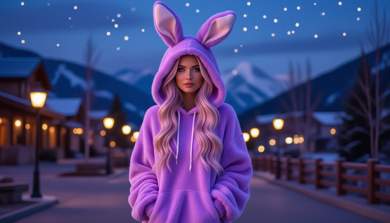 Woman Repairs Fluffy Purple Hoodie in Mountain Town