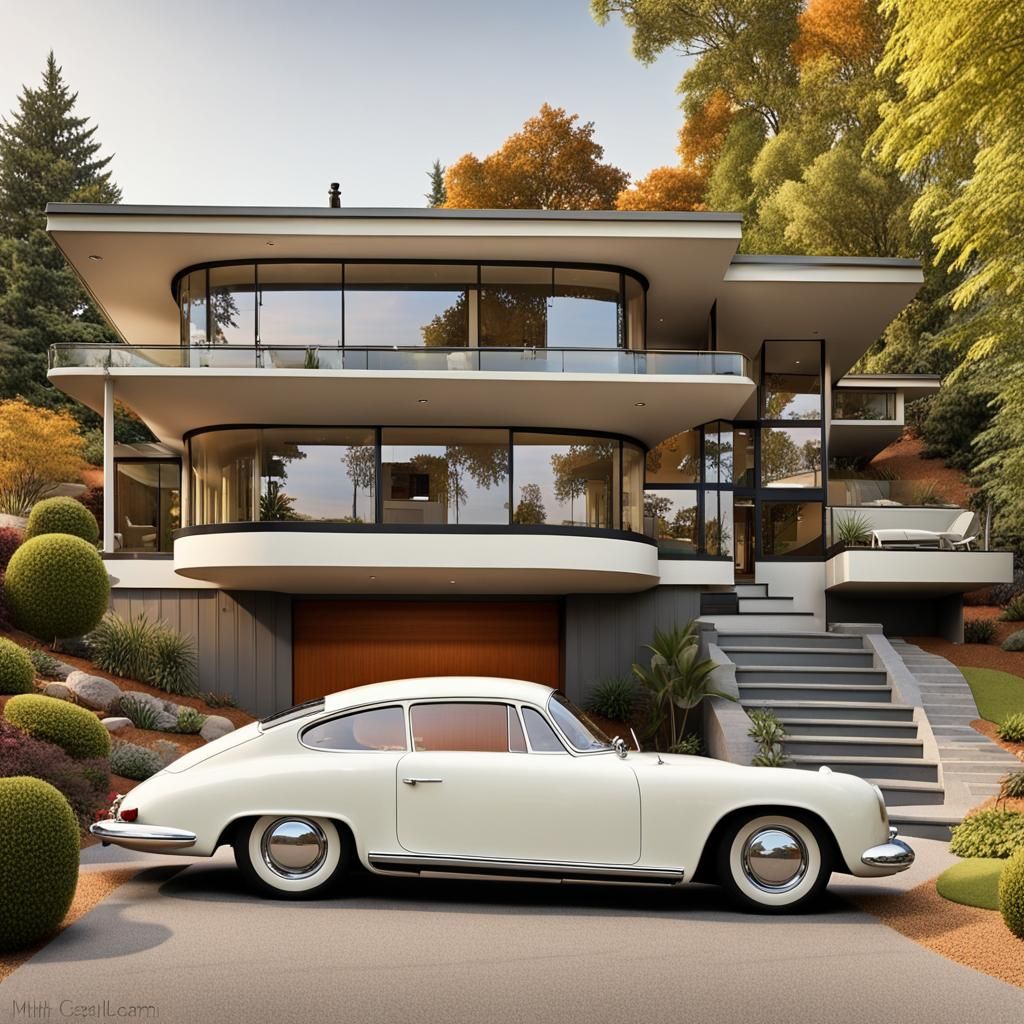 Mid-Century Modern Home with Porsche in Driveway