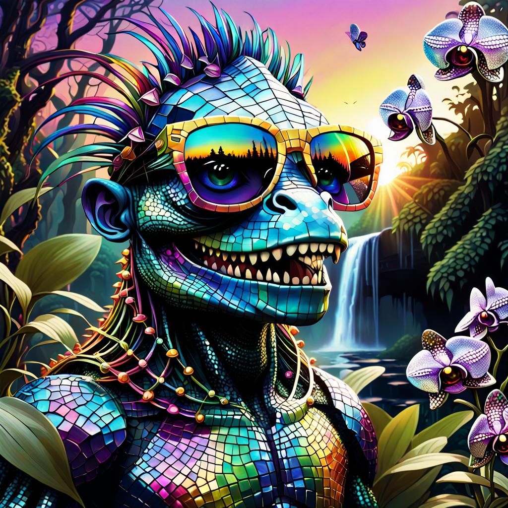 Rainbow Alligator Troll Hybrid in Hyperdetailed Mosaic