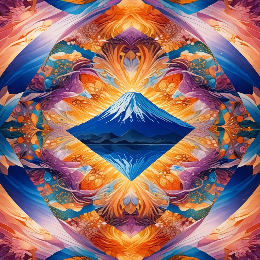 Kaleidoscopic Mount Fuji in Surreal Oil Painting Style