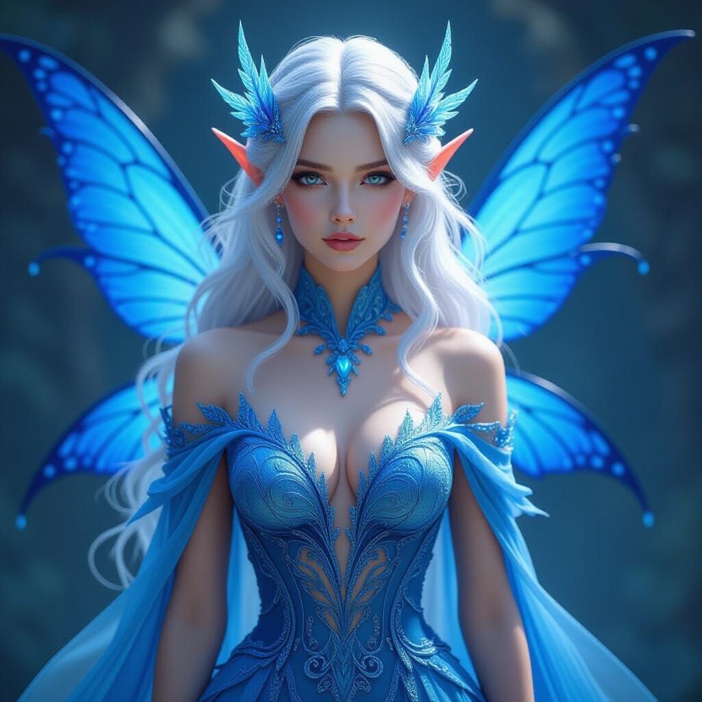 Detailed Fairy in Electric Blue Dress, Fantasy Concept Art