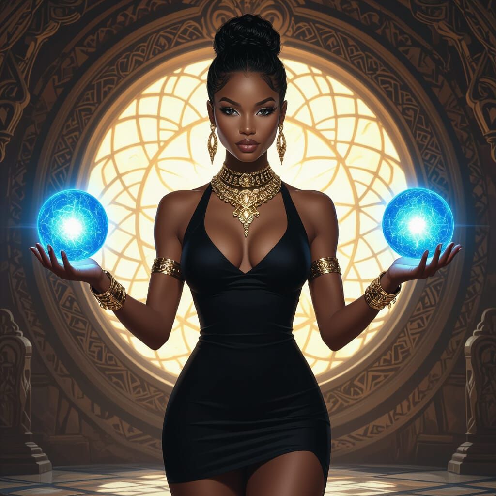 Fantasy Sorceress Holding Glowing Orb in Carved Room