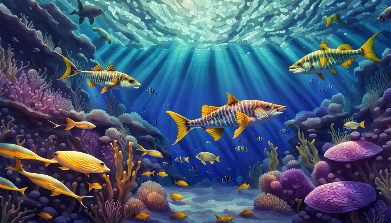 Underwater Mosaic of Barracuda, Turtle and Angelfish