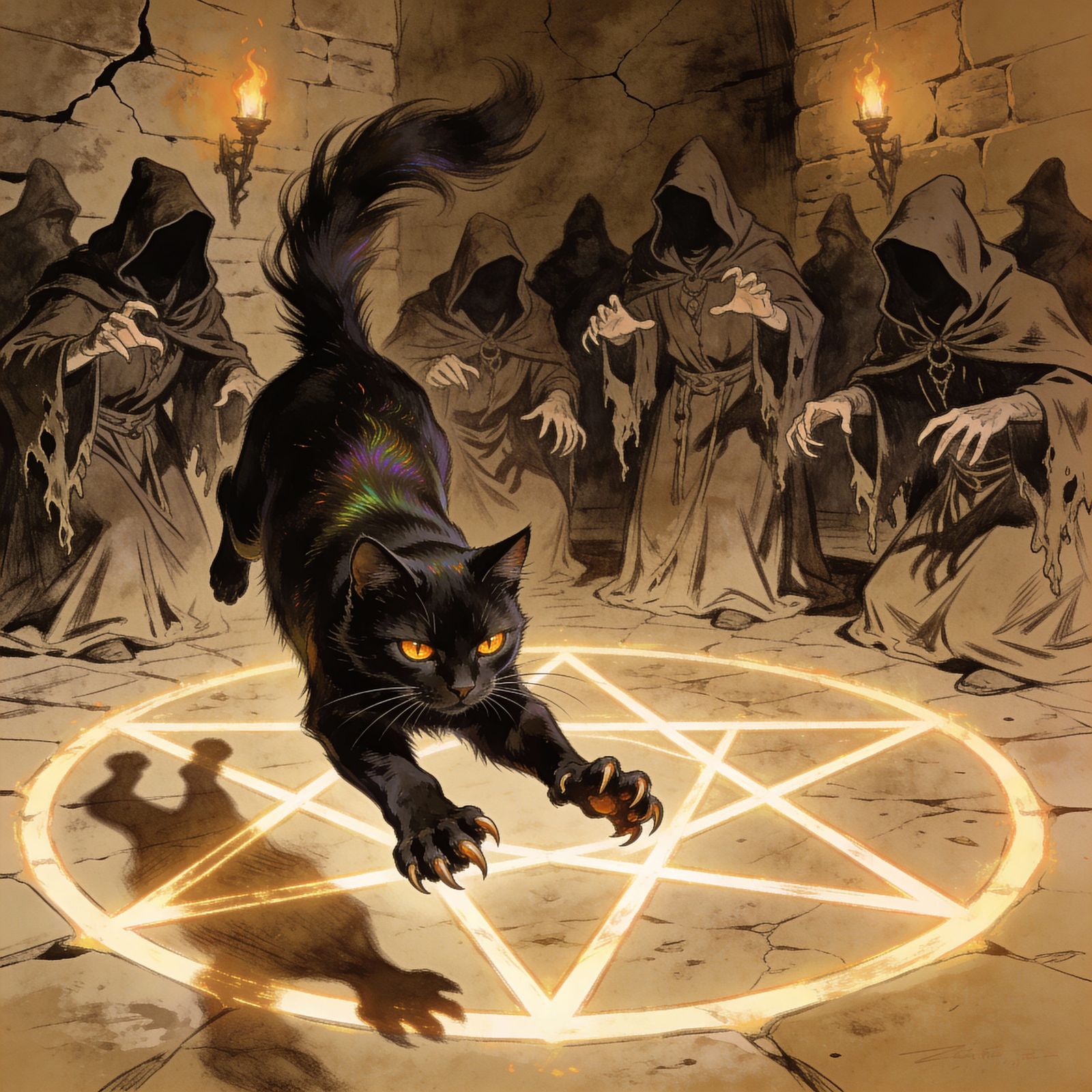 Hooded Witches and Black Cat in Sepia Sketch Style