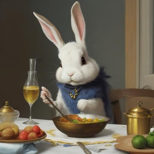 Rabbit in Kitchen: Whimsical Oil Painting Illustration