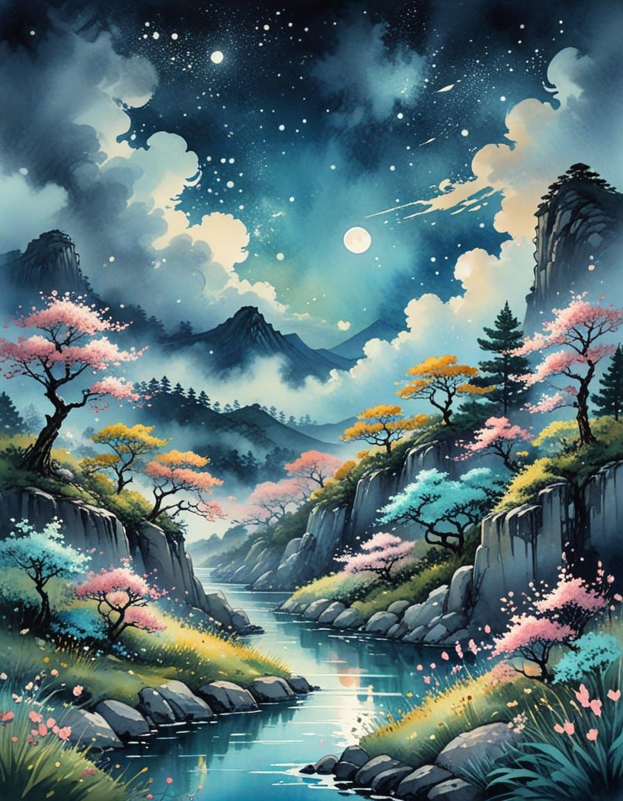 Dreamy Manga-Inspired Ink Painting of a Serene Full Moon