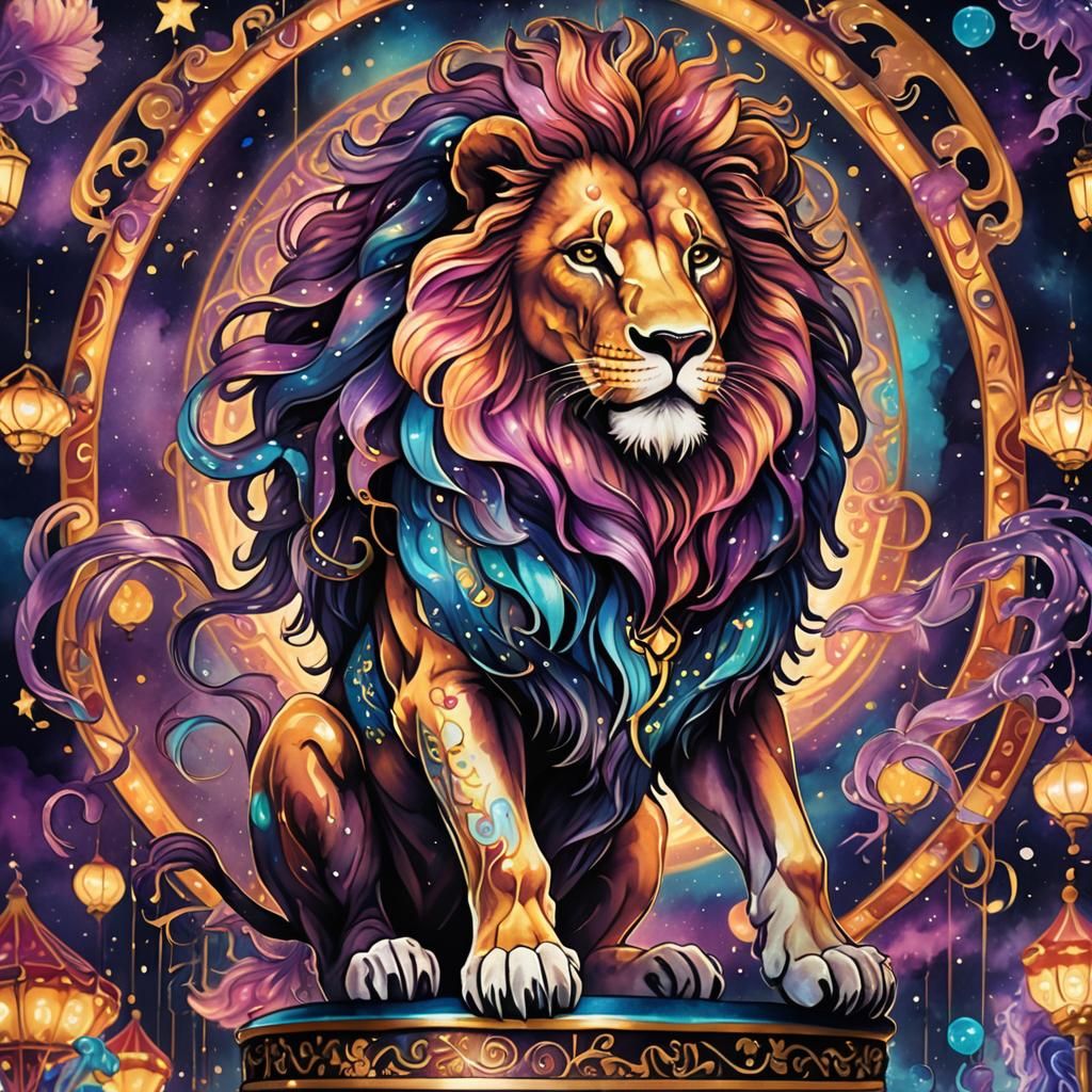 Carousel Lion in Alcohol Ink Tattoo Style