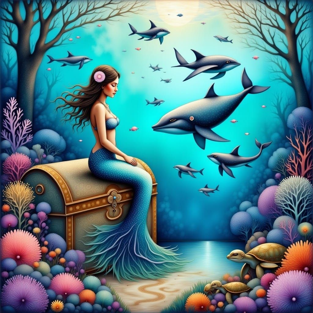 Mermaid on Treasure Chest in Coral Reef
