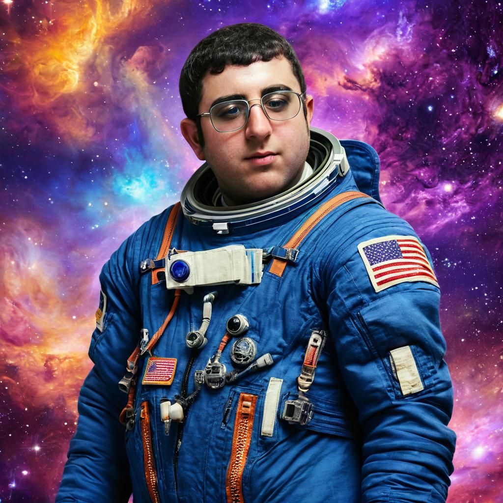 Astronaut Portrait Against Swirling Galaxies in Sci-Fi Art