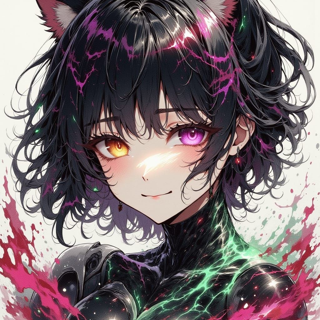 Adorable Yandere Bio-Mecha Warrior in 80s Anime Style