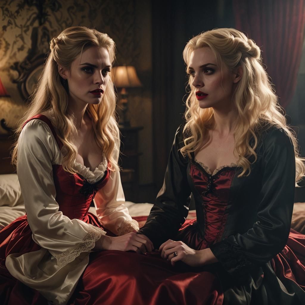 Vampire Woman Approaching Young Woman in Gothic Setting