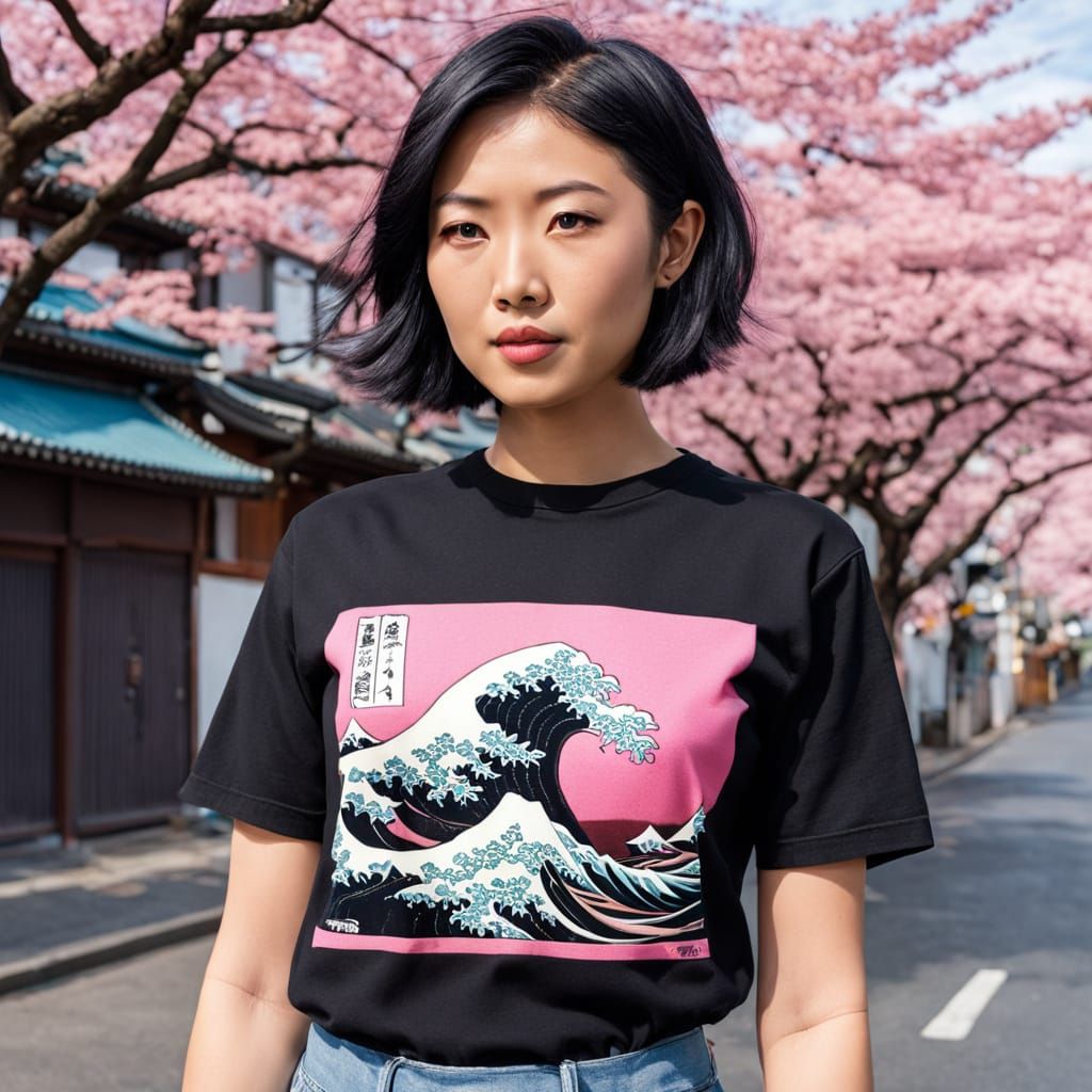 Woman with Hokusai Wave T-Shirt Art