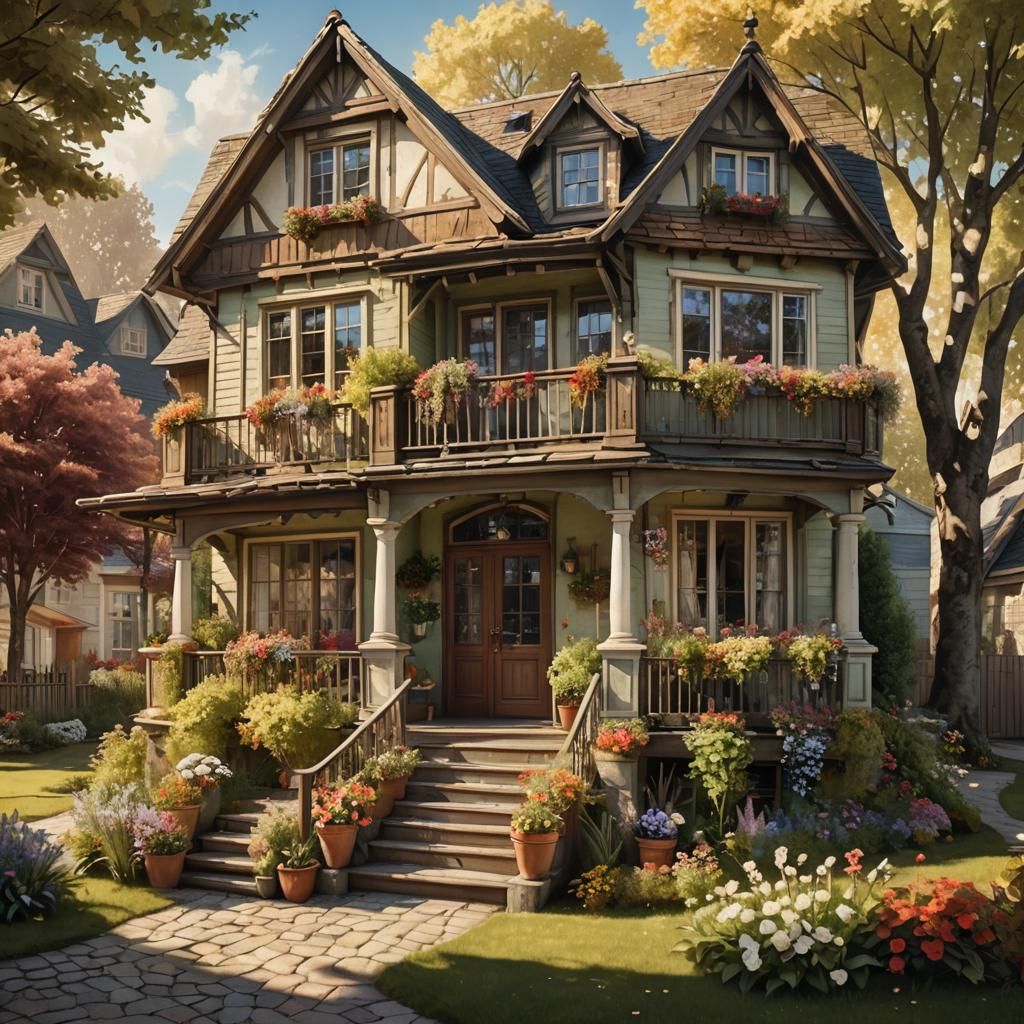 Whimsical Two-Story House in Matte Painting Style