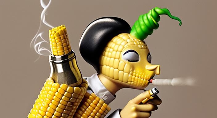 a corn with ears with a gun smoking a ciggarette