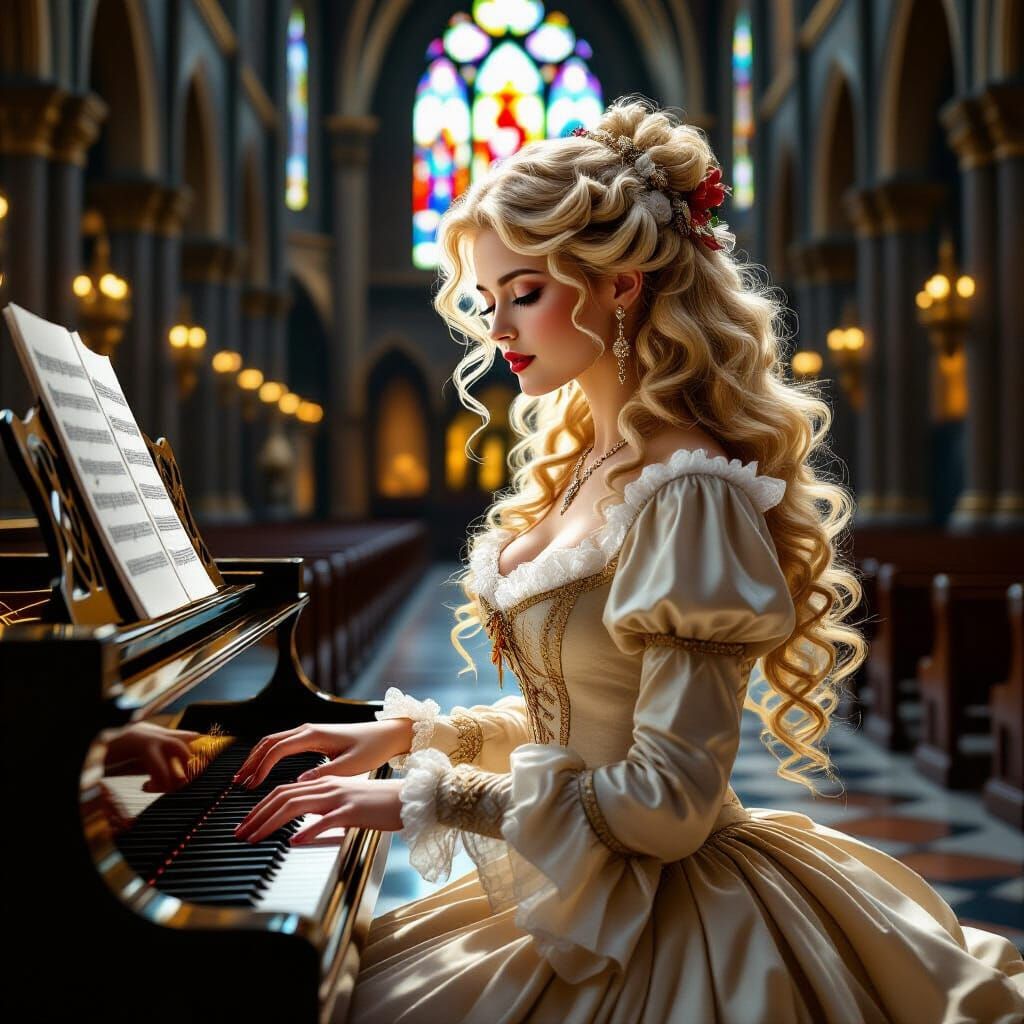 18th Century Blonde Pianist in Cathedral, Romanticism Style