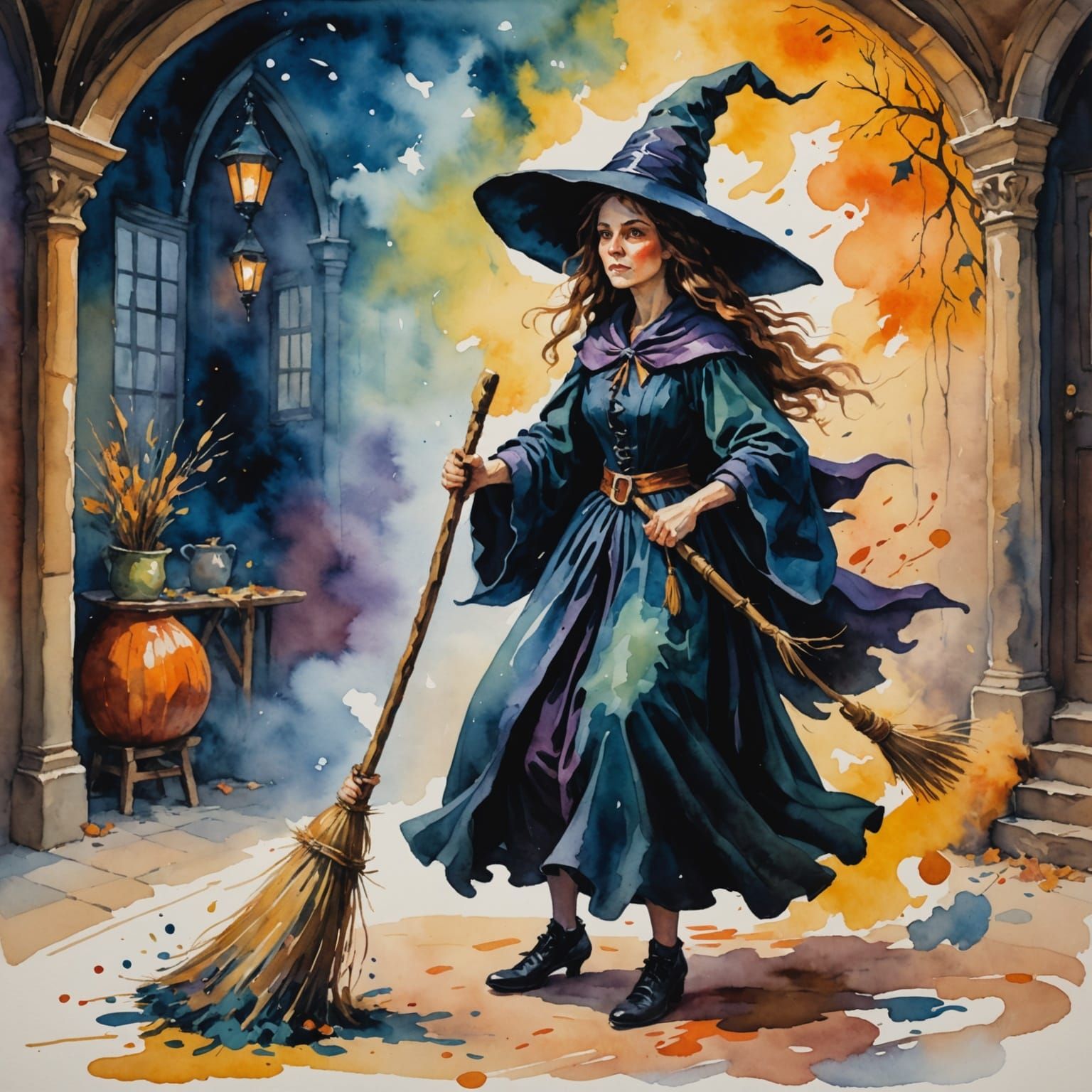 Magical Broom Sweeps Floor for Witch in Gouache Style