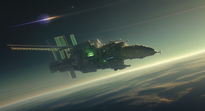 Space Station Amidst Glowing Green Planet