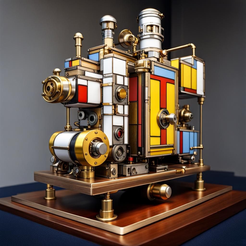 Mondrian-Style Dieselpunk Machine with Gold and Silver