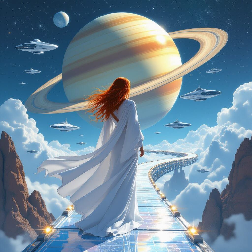 Arcturian Soul Traveler on Saturn Bridge in Sci-Fi Style