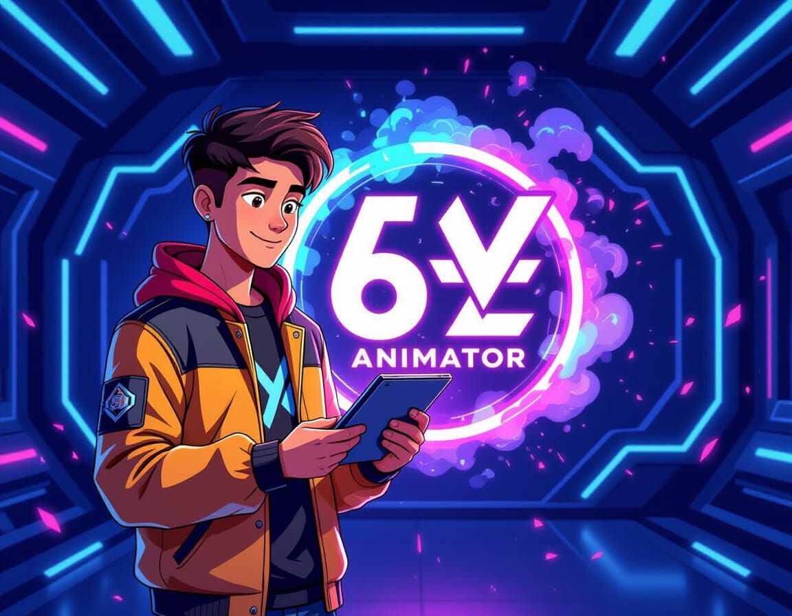 Animator in Front of Glowing Logo with Neon Particles