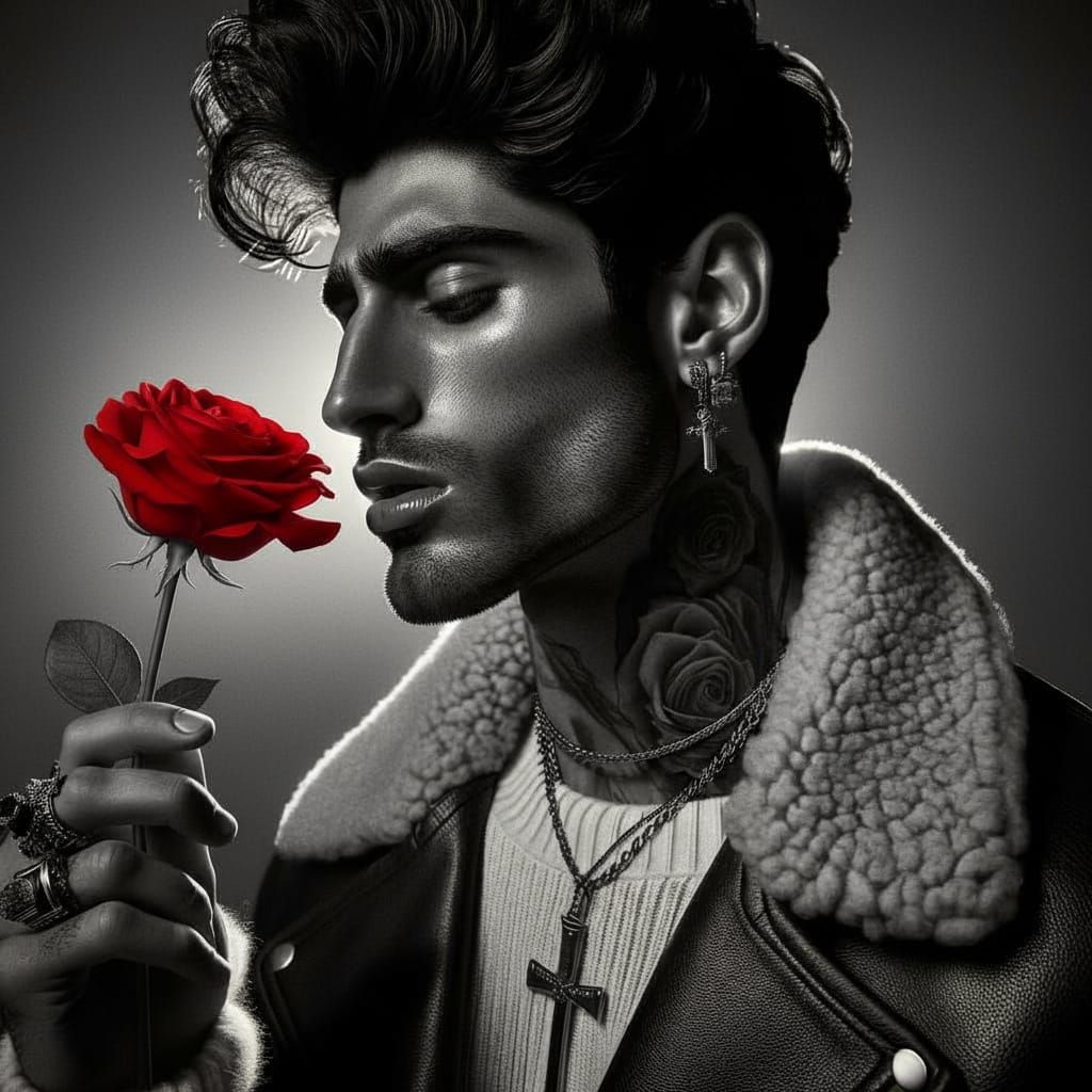 Cinematic Fashion Portrait of Man with Red Rose