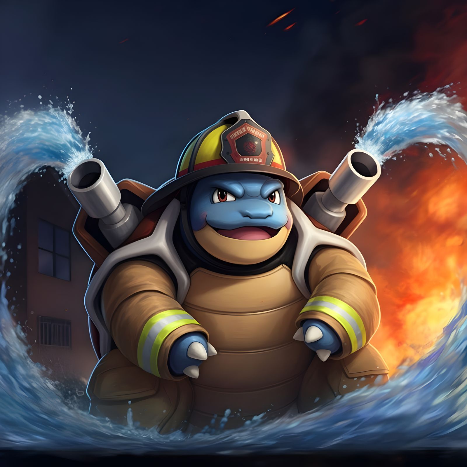 Blastoise as Heroic Firefighter in Burning Suburb