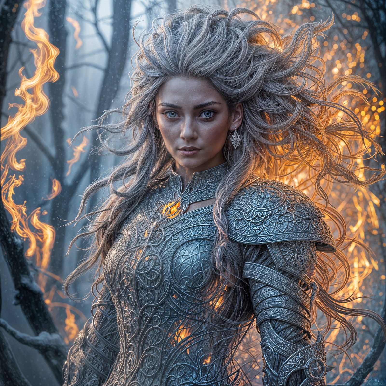 Goddess of Ice Amidst Flames and Foggy Forest
