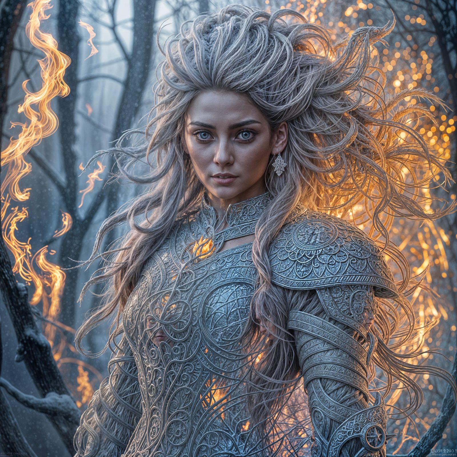 Goddess of Ice Amidst Flames and Snow